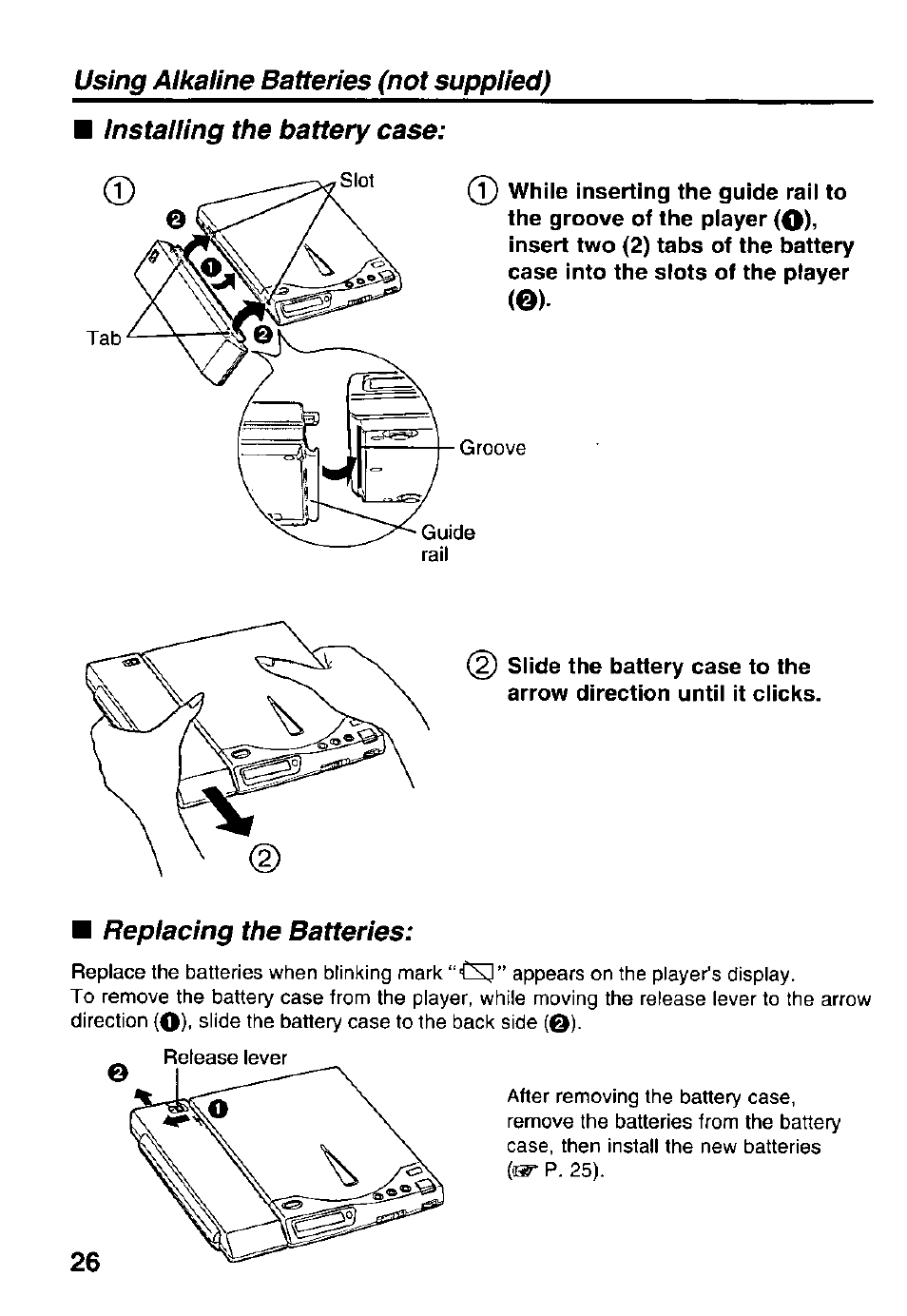 Replacing the batteries | Panasonic Portable CD-Rom Player KXL-810A User Manual | Page 26 / 44