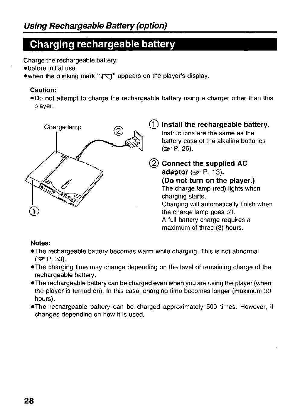 Install the rechargeable battery, Charging rechargeable battery, Using rechargeable battery (option) | Panasonic Portable CD-Rom Player KXL-810A User Manual | Page 28 / 44