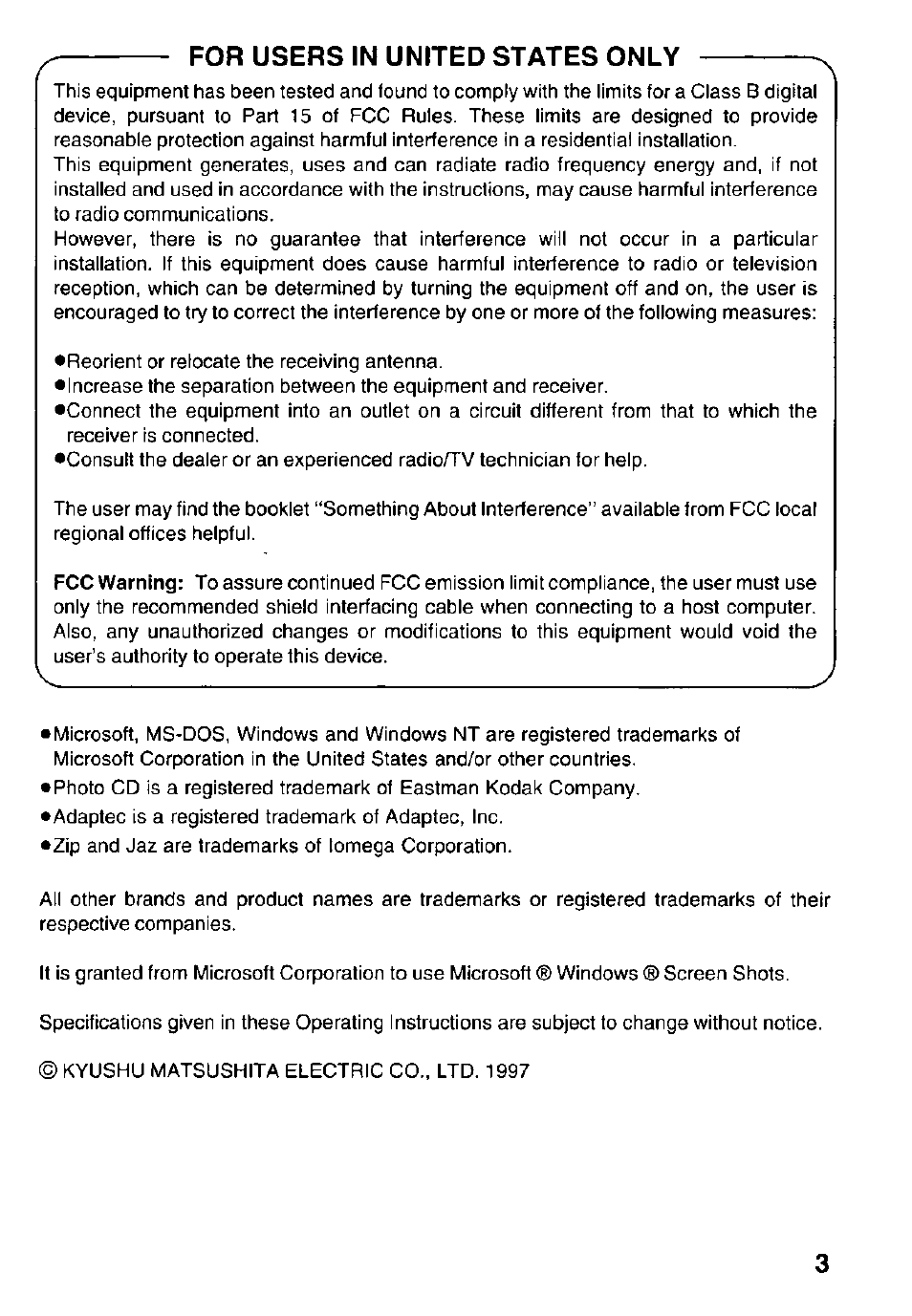 For users in united states only | Panasonic Portable CD-Rom Player KXL-810A User Manual | Page 3 / 44