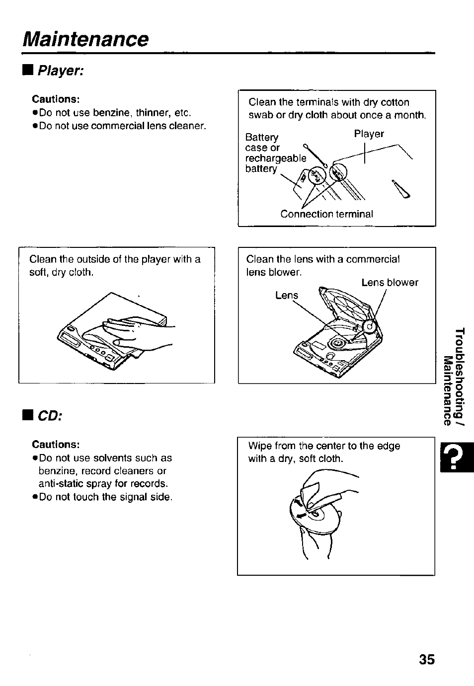 Maintenance, Player | Panasonic Portable CD-Rom Player KXL-810A User Manual | Page 35 / 44