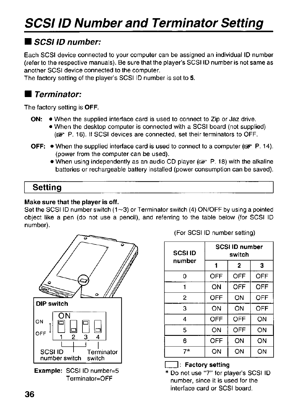 Setting, Scsi id number and terminator setting, Id number | Terminator | Panasonic Portable CD-Rom Player KXL-810A User Manual | Page 36 / 44