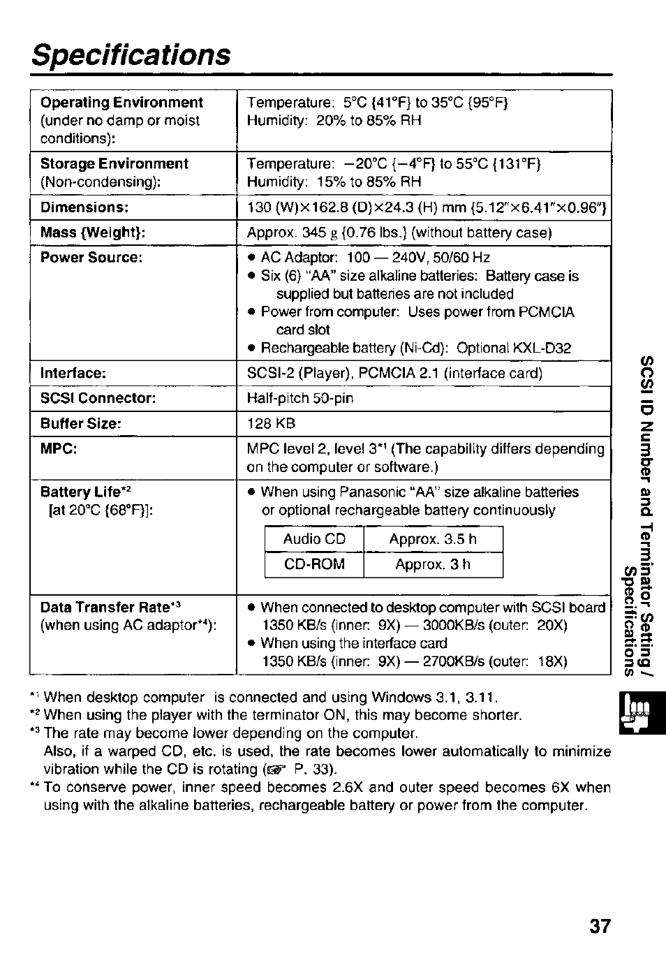 Specifications | Panasonic Portable CD-Rom Player KXL-810A User Manual | Page 37 / 44