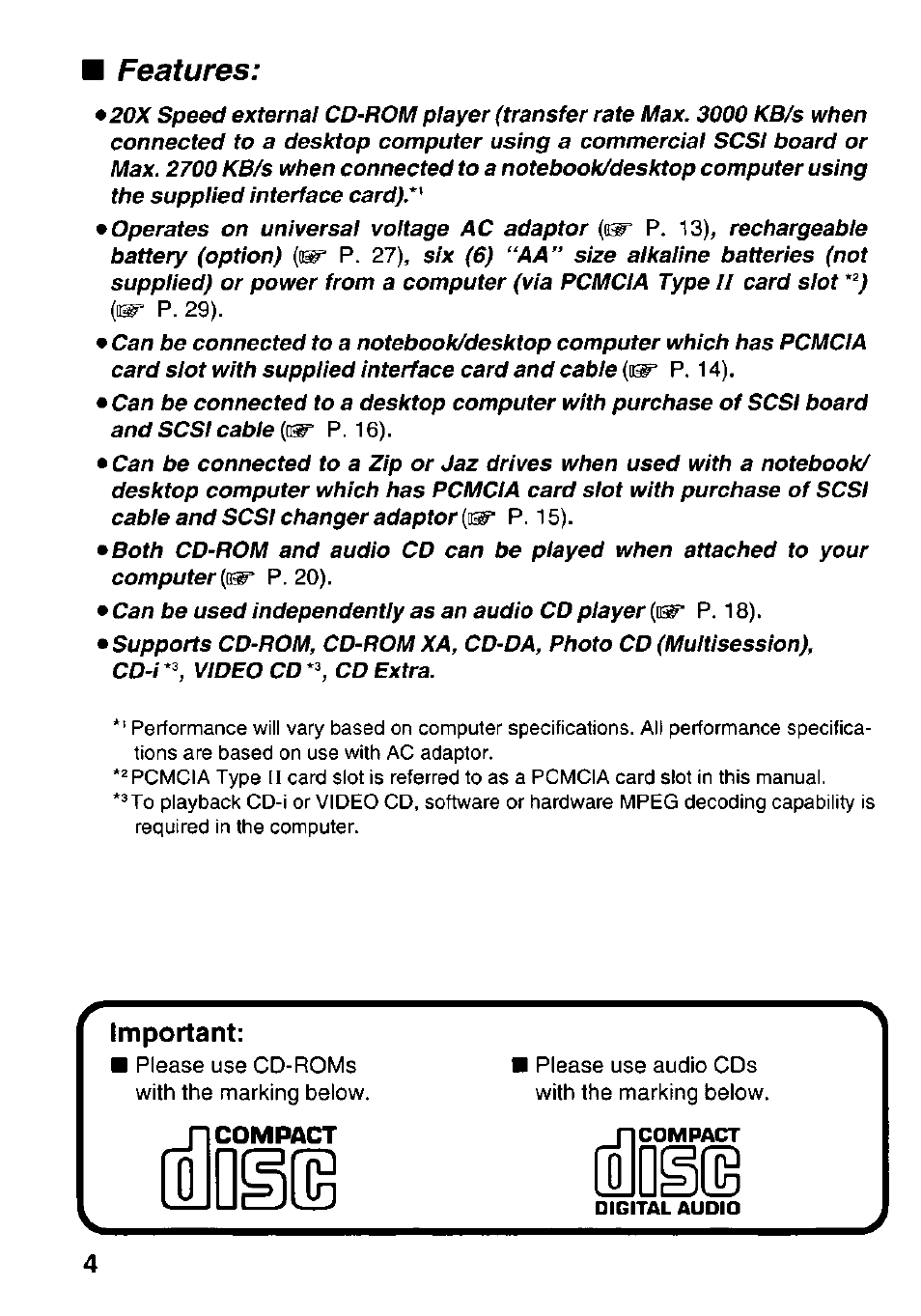 Important, Features | Panasonic Portable CD-Rom Player KXL-810A User Manual | Page 4 / 44