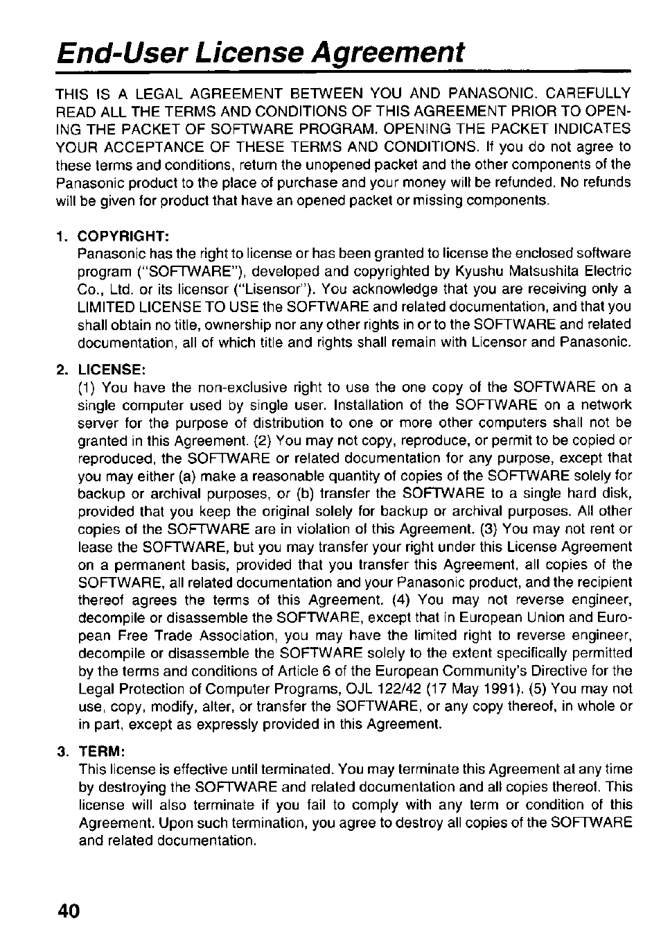 End-user license agreement | Panasonic Portable CD-Rom Player KXL-810A User Manual | Page 40 / 44