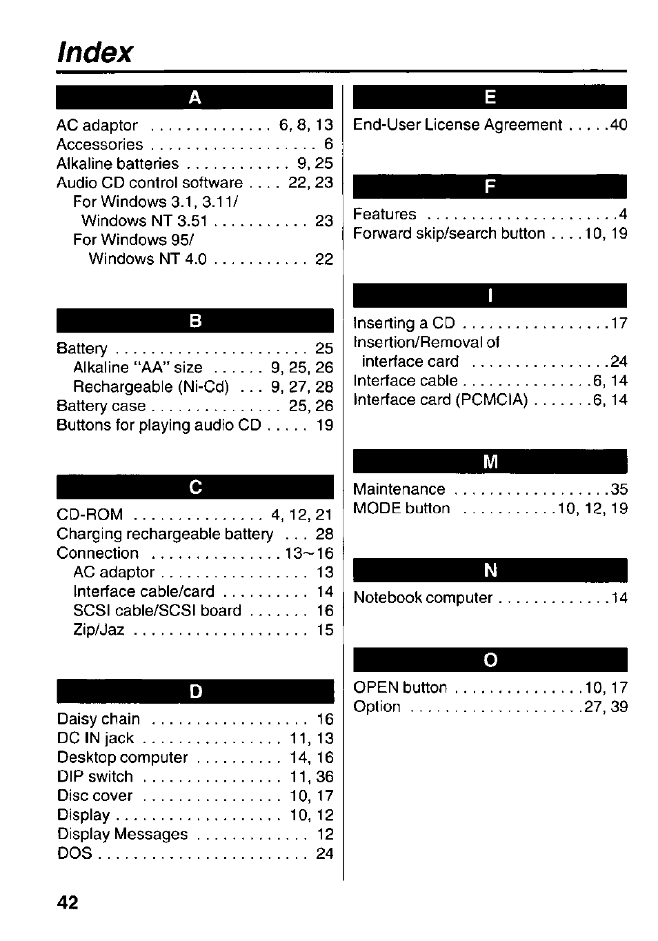 Index | Panasonic Portable CD-Rom Player KXL-810A User Manual | Page 42 / 44