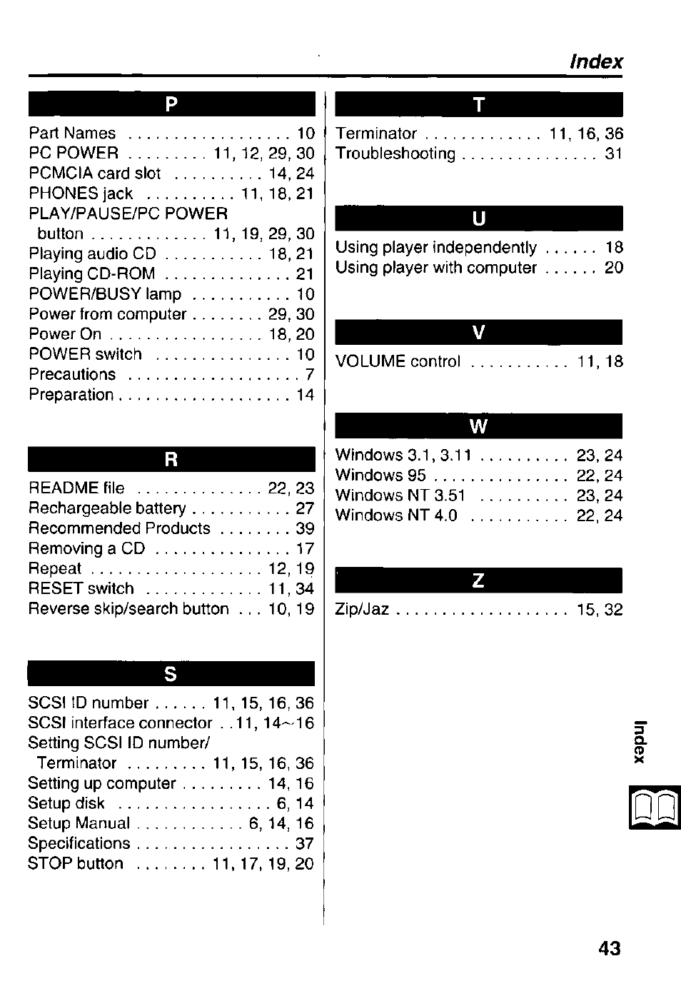 Índex | Panasonic Portable CD-Rom Player KXL-810A User Manual | Page 43 / 44