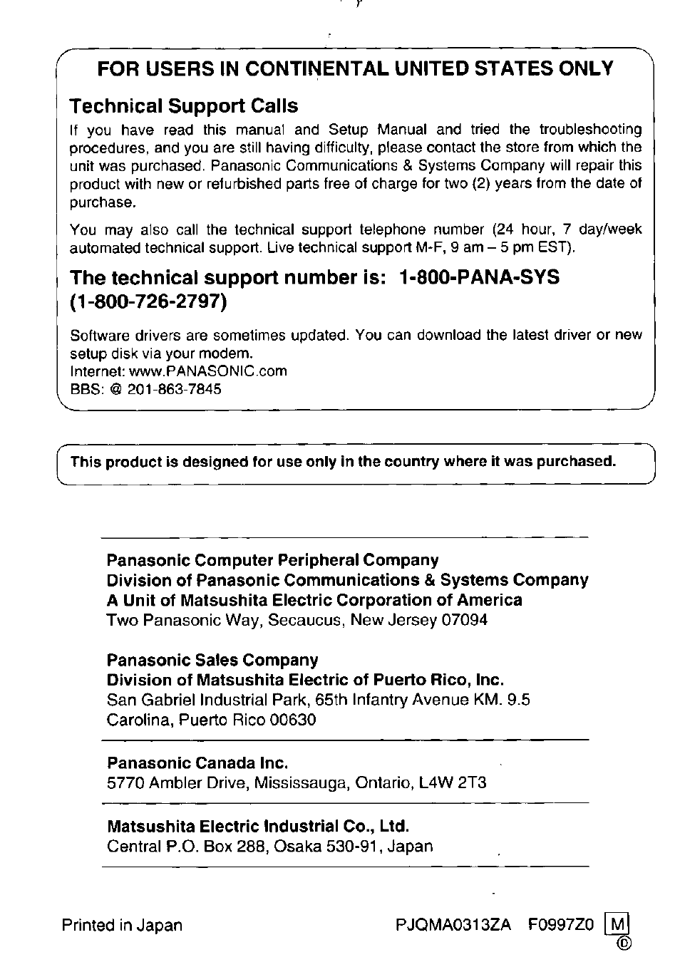 Panasonic computer peripheral company, Panasonic sales company, Panasonic canada inc | Matsushita electric industrial co., ltd | Panasonic Portable CD-Rom Player KXL-810A User Manual | Page 44 / 44