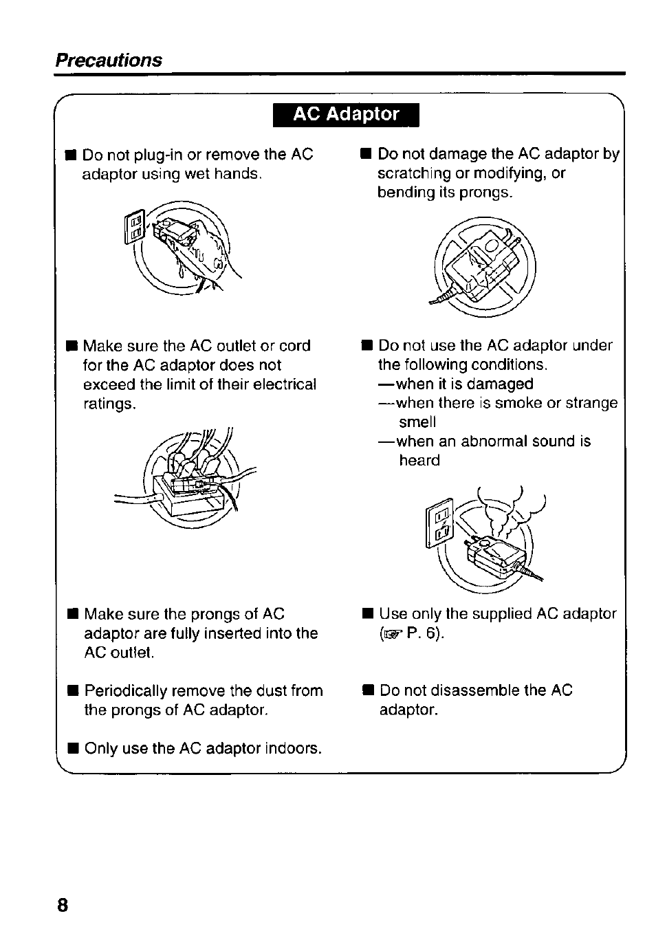 Ac adaptor, Precautions ac adaptor | Panasonic Portable CD-Rom Player KXL-810A User Manual | Page 8 / 44