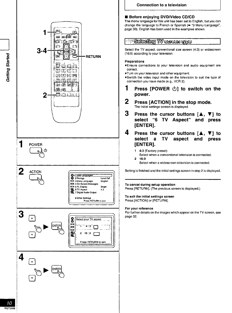 Connection to a television, Before enjoying dvda^ideo cd/cd, Preparations | 1 press [power cb] to switch on the power, 2 press [action] in the stop mode, 3 press the cursor buttons [a, ▼] to, Select “6 tv aspect” and press, Enter, 4 press the cursor buttons [a, t] to, Select a tv aspect and press | Panasonic DVD-CV35 User Manual | Page 10 / 44