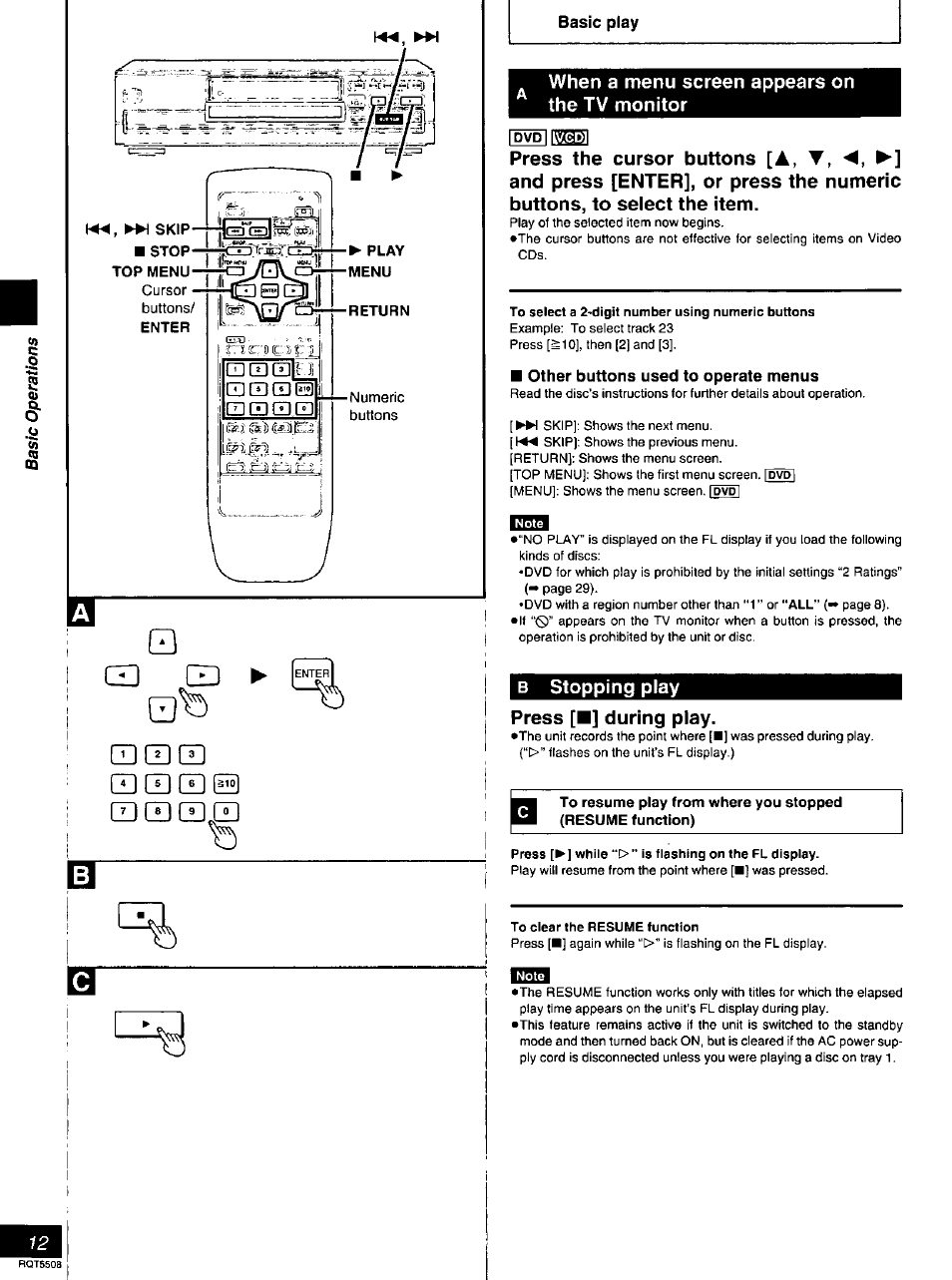 When a menu screen appears on the tv monitor, To select a 2'digit number using numeric buttons, Other buttons used to operate menus | B stopping play, Press [■] during play, To clear the resume function, Stopping play press [■] during play | Panasonic DVD-CV35 User Manual | Page 12 / 44