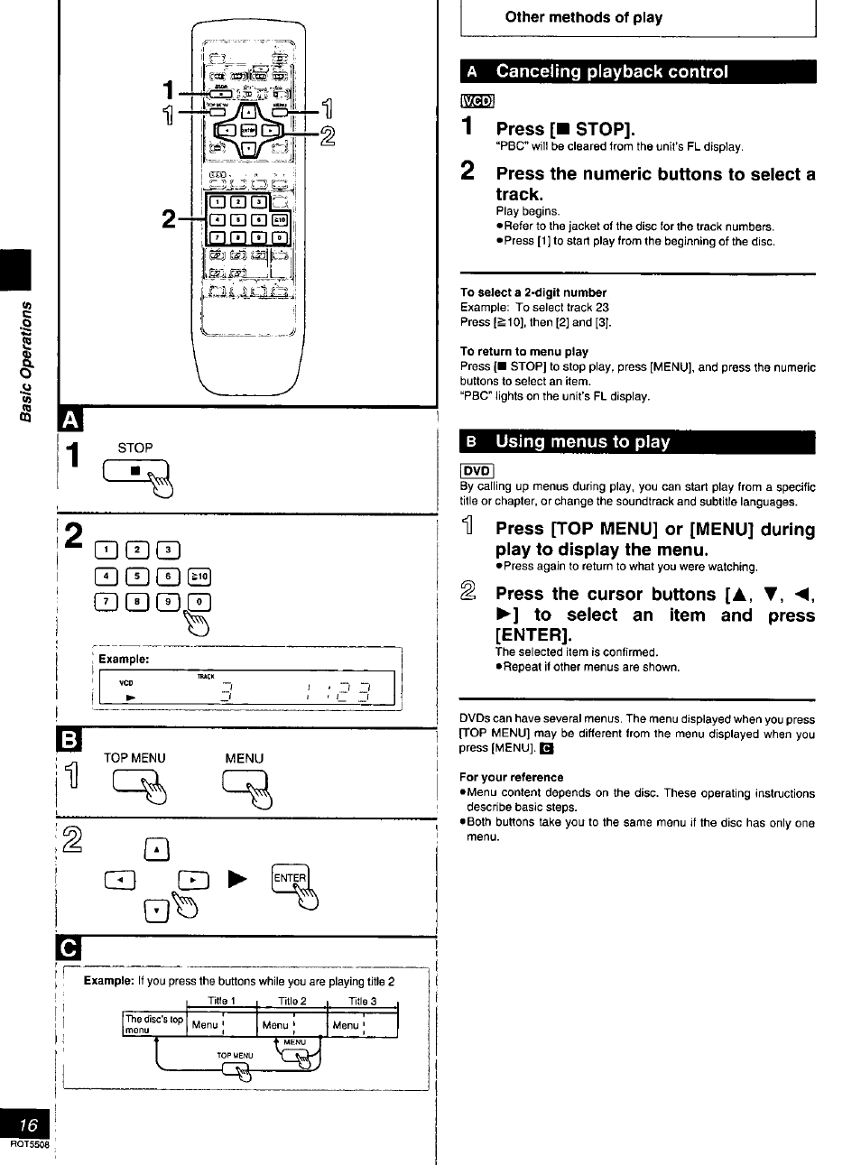 Example, A canceling playback control, Press [■ stop | Press the numeric buttons to select a track, To select a 2-digit number, To return to menu play, B using menus to play, H press [top menu] or [menu] during, Play to display the menu, For your reference | Panasonic DVD-CV35 User Manual | Page 16 / 44