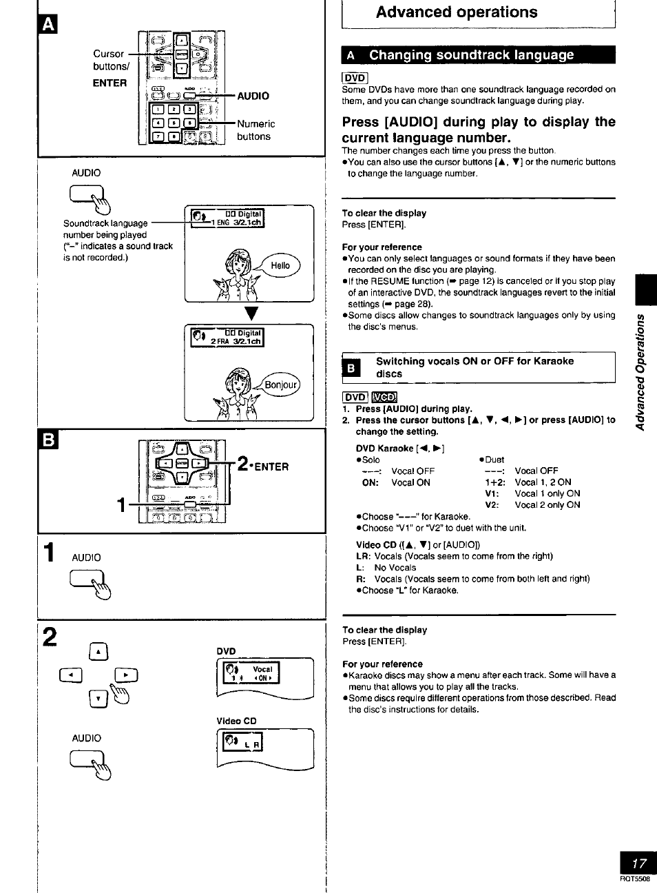 A changing soundtrack language, For your reference, Switching vocals on or off for karaoke discs | Press [audio] during play, Changing soundtrack language, Advanced operations | Panasonic DVD-CV35 User Manual | Page 17 / 44