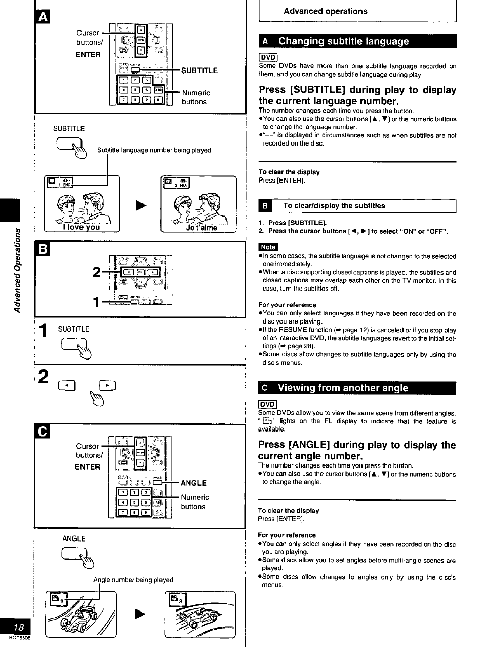 Cursor - buttons, Numeric, A changing subtitle language | Press [subtitle, For your reference, C viewing from another angle, To clear the display, Gd ш, Changing subtitle language | Panasonic DVD-CV35 User Manual | Page 18 / 44