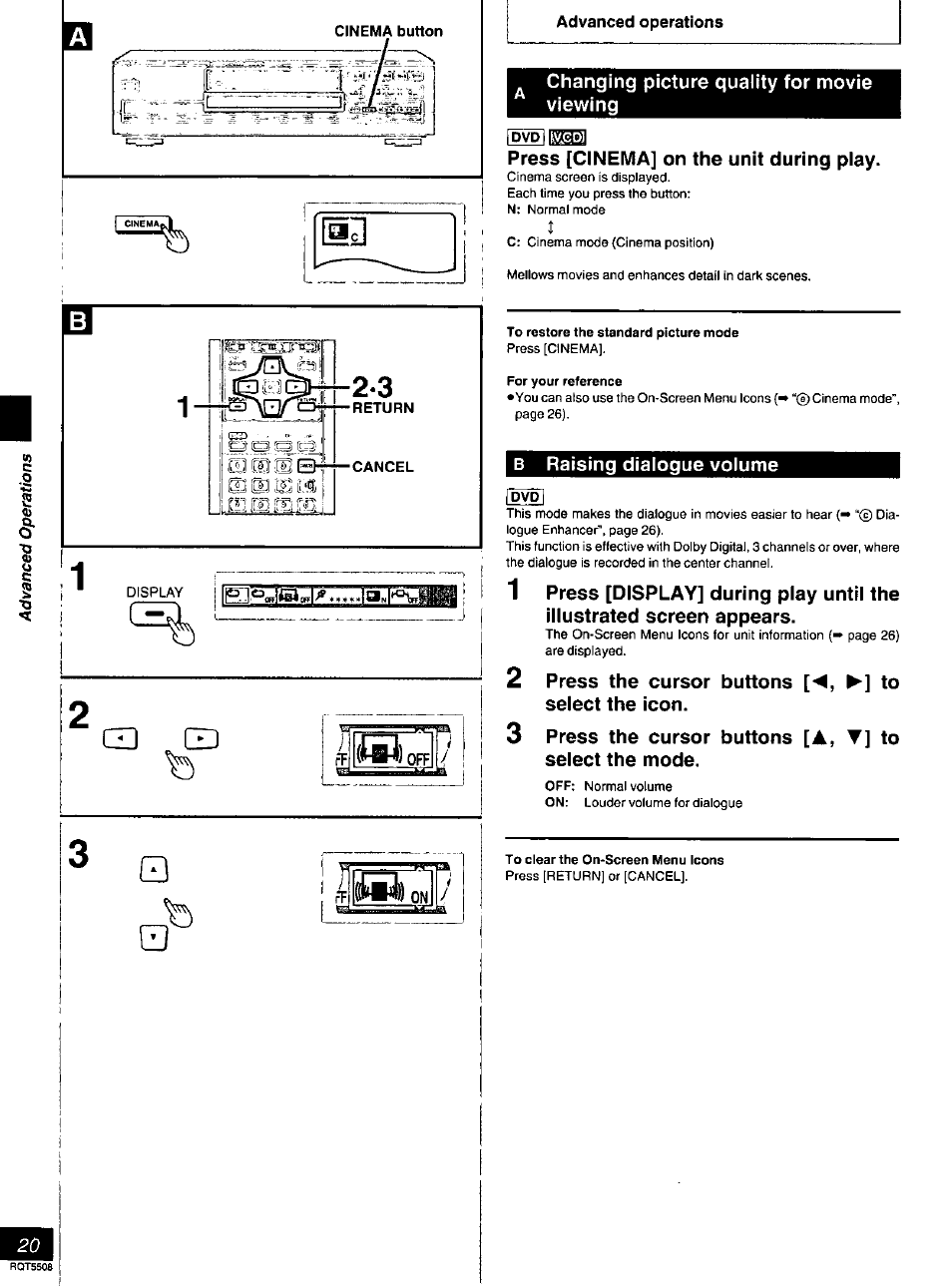 Changing picture quality for movie viewing, Press [cinema] on the unit during play, To restore the standard picture mode | For your reference, B raising dialogue volume | Panasonic DVD-CV35 User Manual | Page 20 / 44