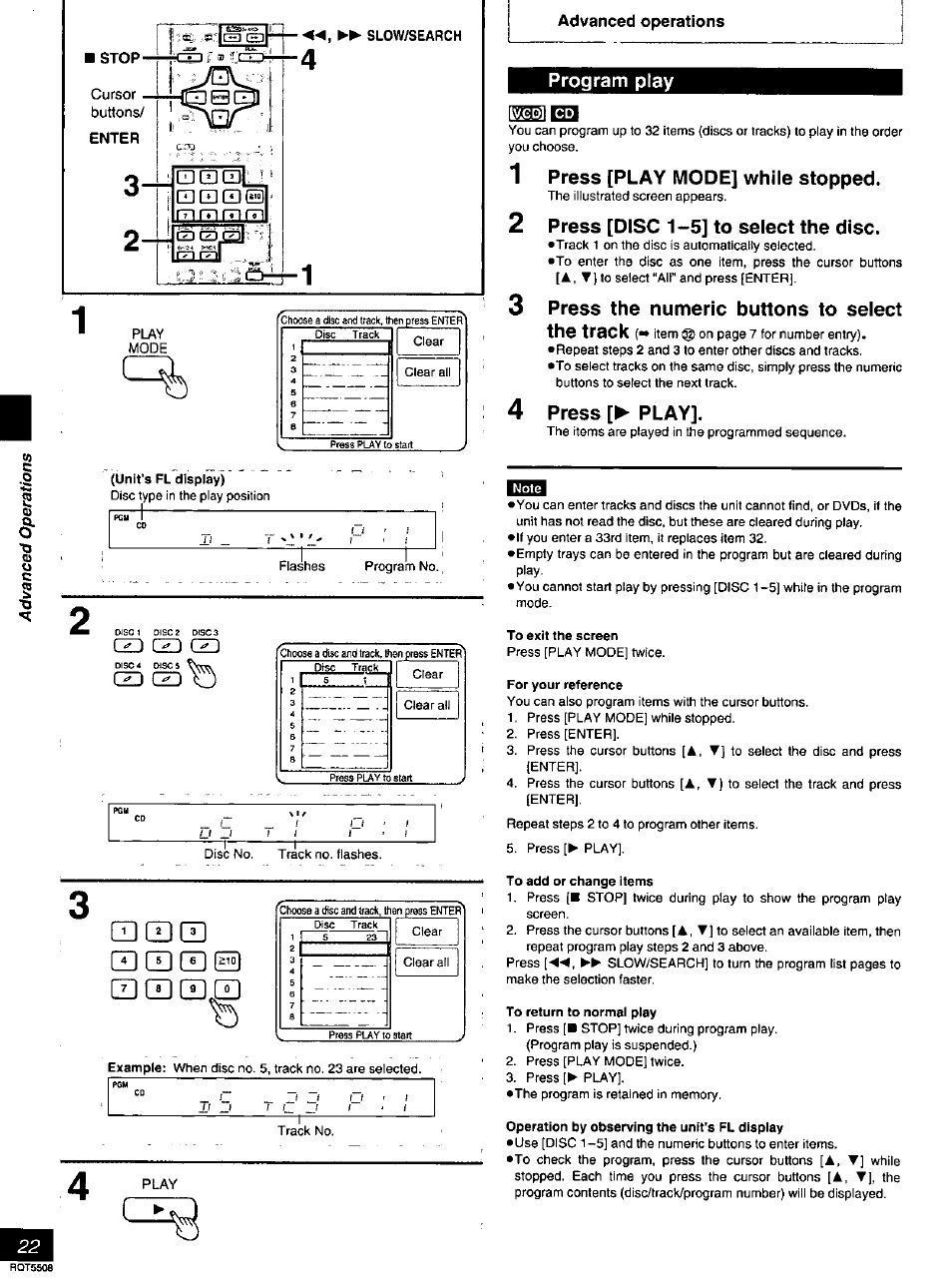 Program play, 1 press [play mode] while stopped, 2 press [disc 1~5] to select the disc | 3 press the numeric buttons to select, 4 press [► play, To exit the screen, For your reference, To add or change items, To return to normal play, Operation by observing the unit’s fl display | Panasonic DVD-CV35 User Manual | Page 22 / 44