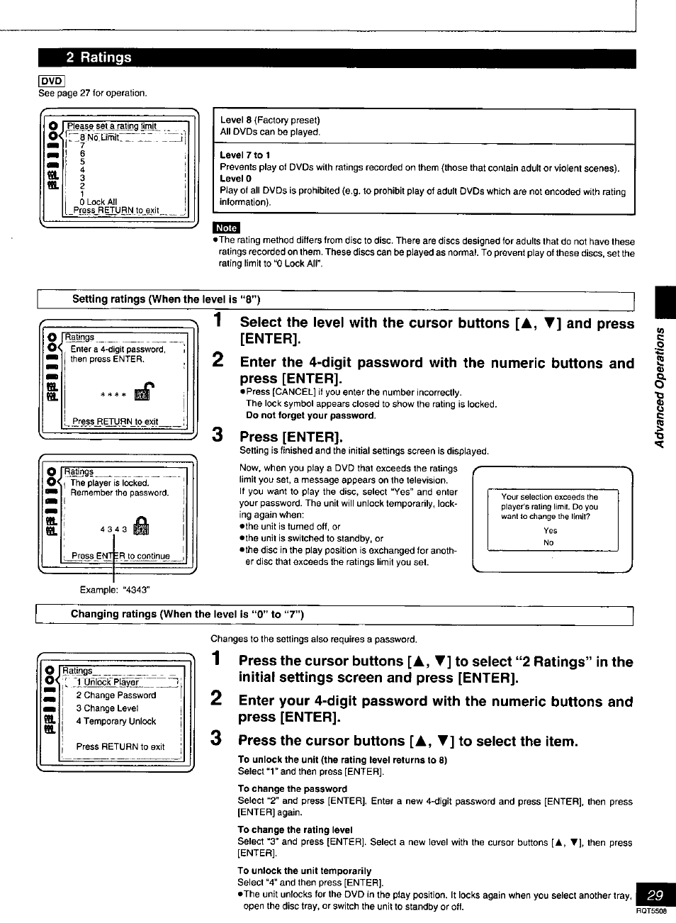 2 ratings, Dvdl, Setting ratings (when the level is “8”) | Press [enter, Changing ratings (when the level is “0” to “7”), Press the cursor buttons [a, t] to select the item | Panasonic DVD-CV35 User Manual | Page 29 / 44