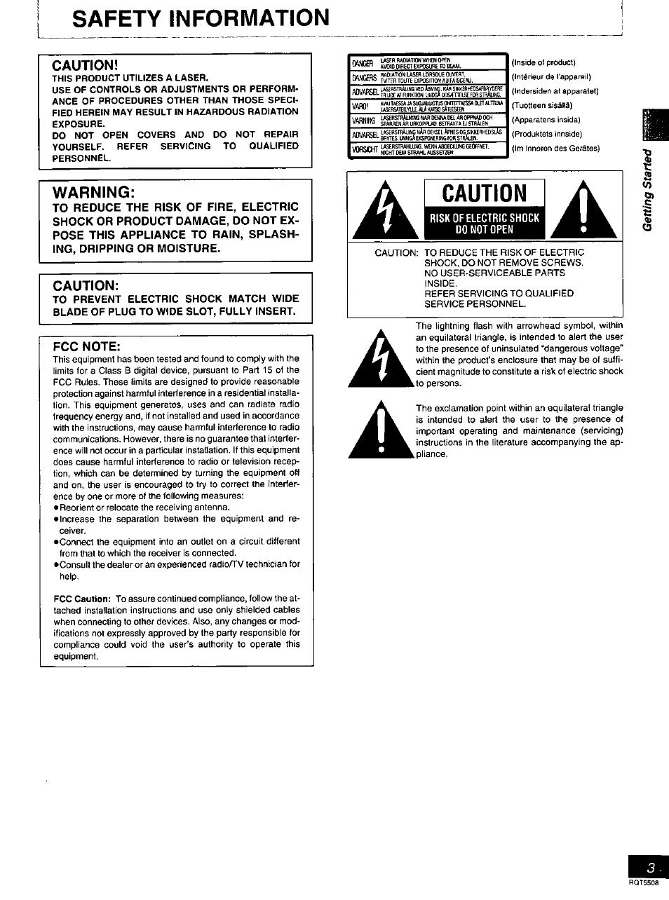 Safety information, Caution, This product utilizes a laser | Warning | Panasonic DVD-CV35 User Manual | Page 3 / 44