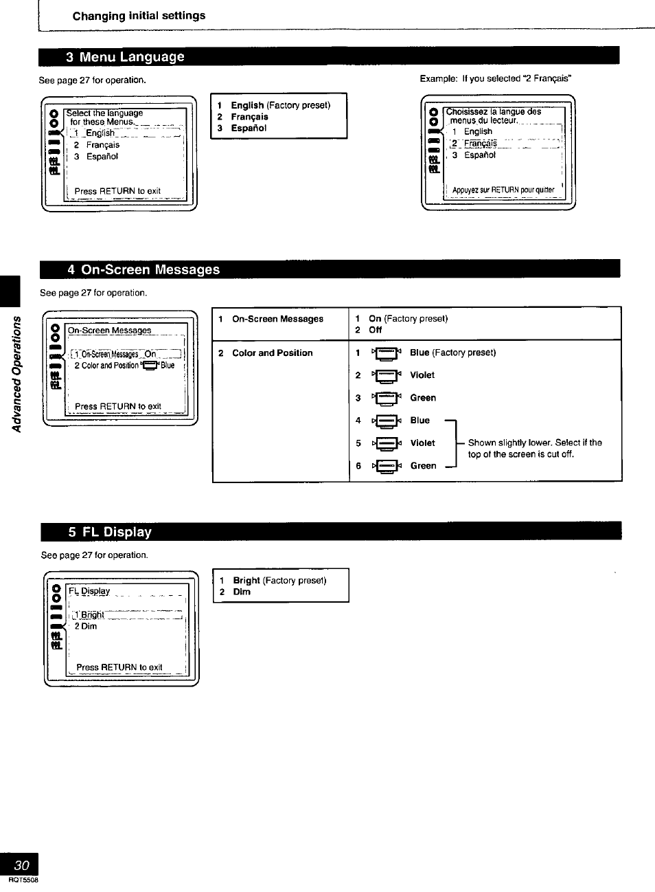 3 menu language, 4 on-screen messages, 5 fl display | Panasonic DVD-CV35 User Manual | Page 30 / 44