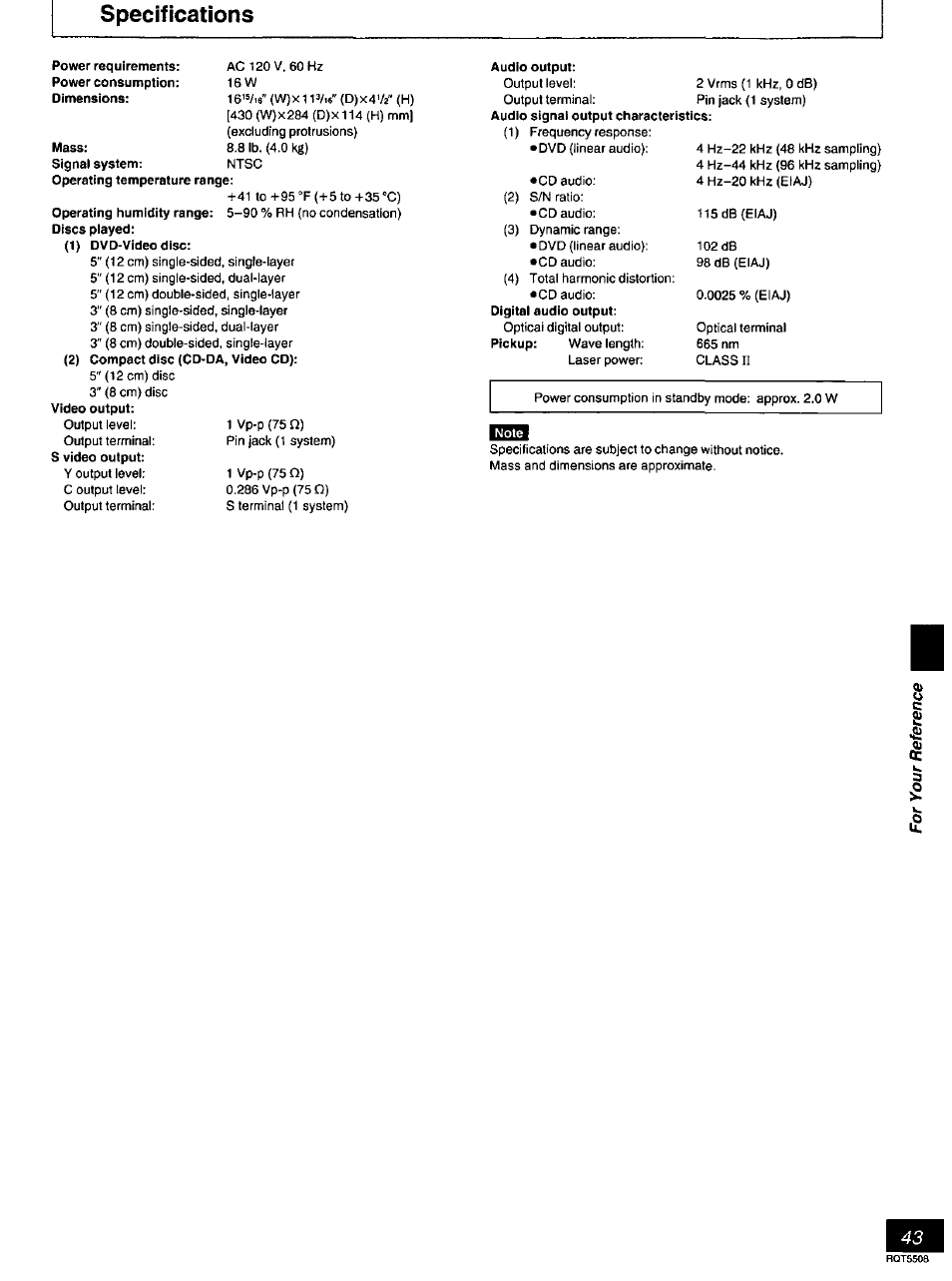 Mass, Specifications | Panasonic DVD-CV35 User Manual | Page 43 / 44