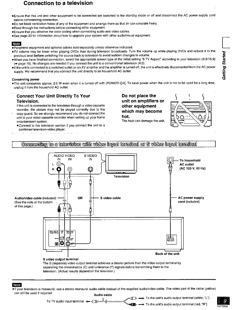 Conserving power, Connection to a television | Panasonic DVD-CV35 User Manual | Page 9 / 44