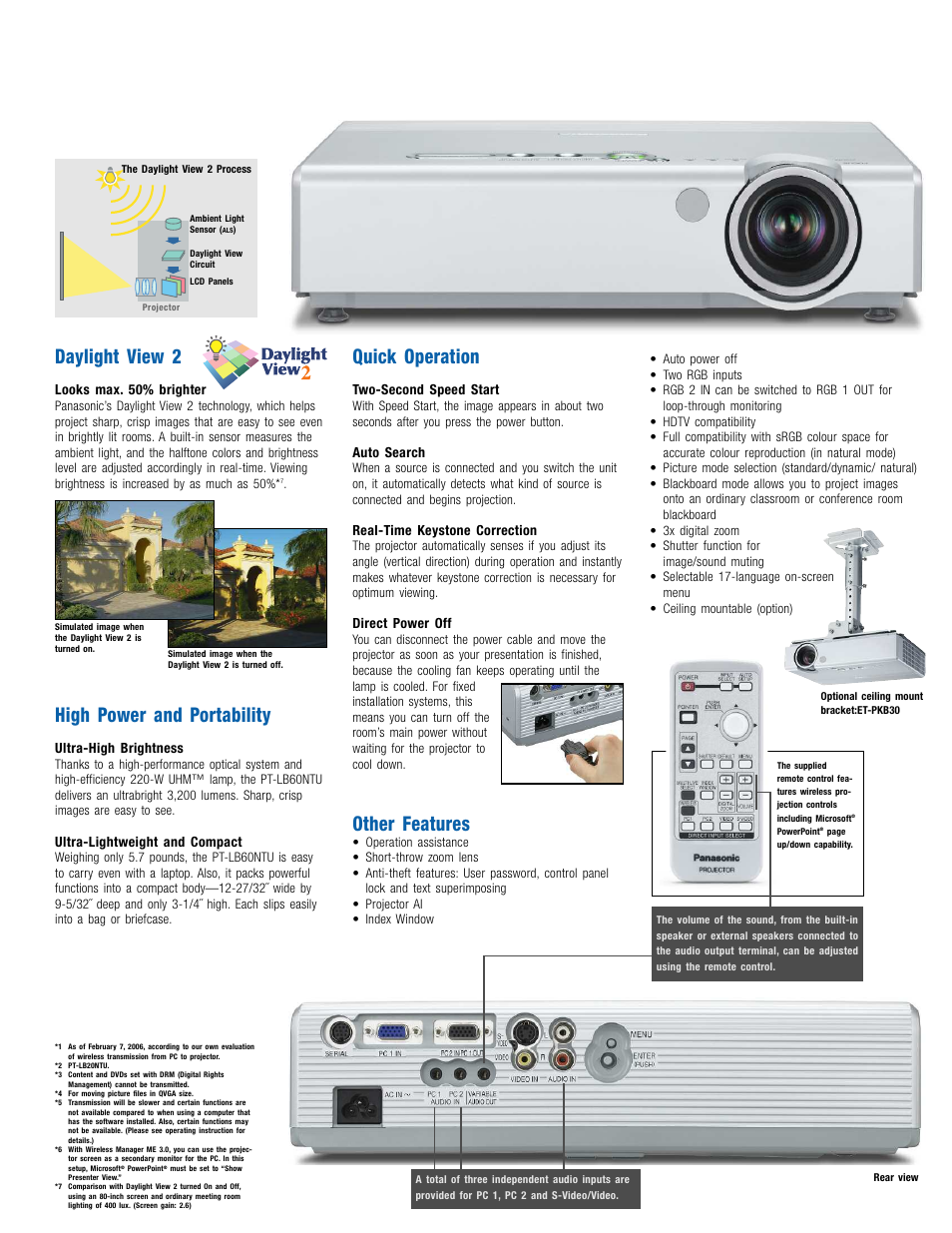 Daylight view 2, High power and portability, Quick operation | Other features | Panasonic XGA3200 User Manual | Page 3 / 4