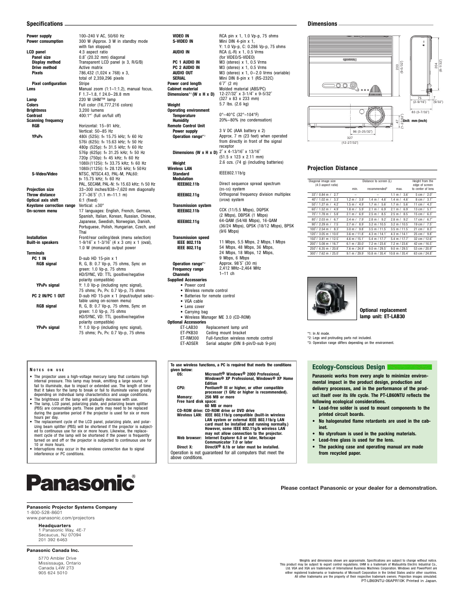 Ecology-conscious design, Specifications, Projection distance | Dimensions | Panasonic XGA3200 User Manual | Page 4 / 4