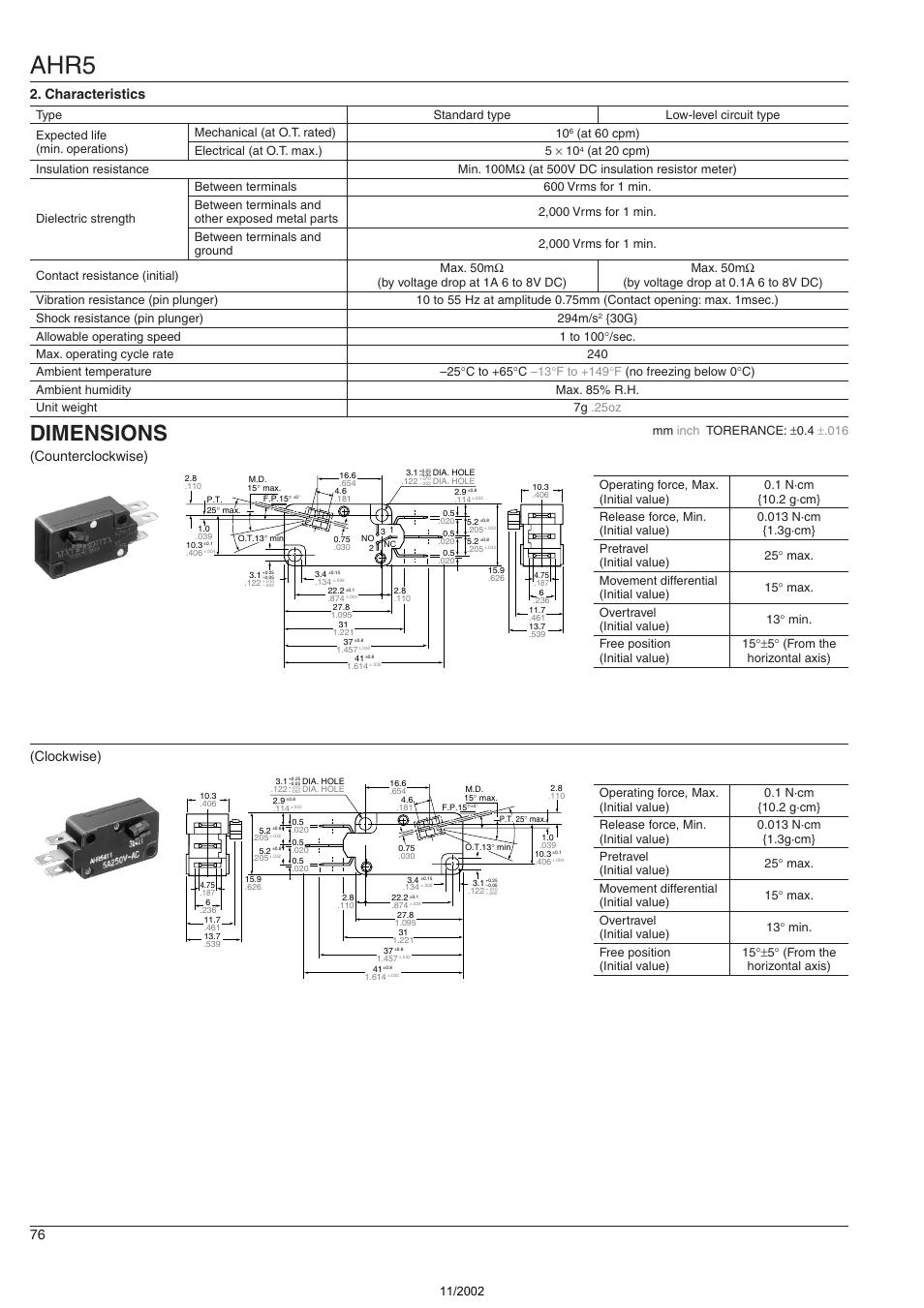 Ahr5, Dimensions, 76 2. characteristics | Counterclockwise), Clockwise) | Panasonic AHR5 User Manual | Page 2 / 3