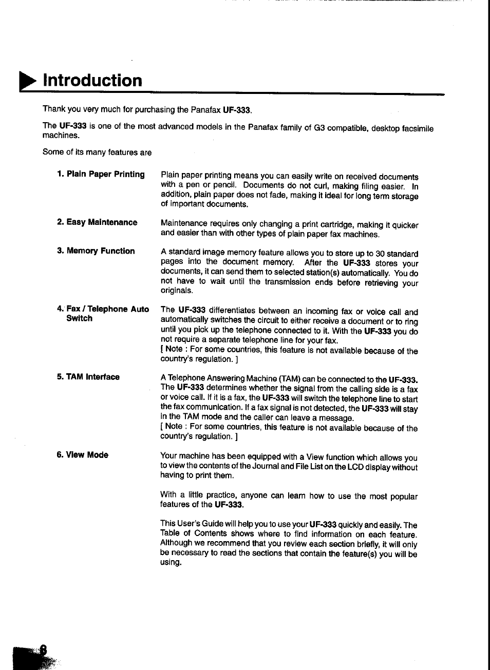 Plain paper printing, Easy maintenance, Memory function | Fax / telephone auto switch, Tam interface, View mode, Introduction | Panasonic UF-333 User Manual | Page 10 / 140