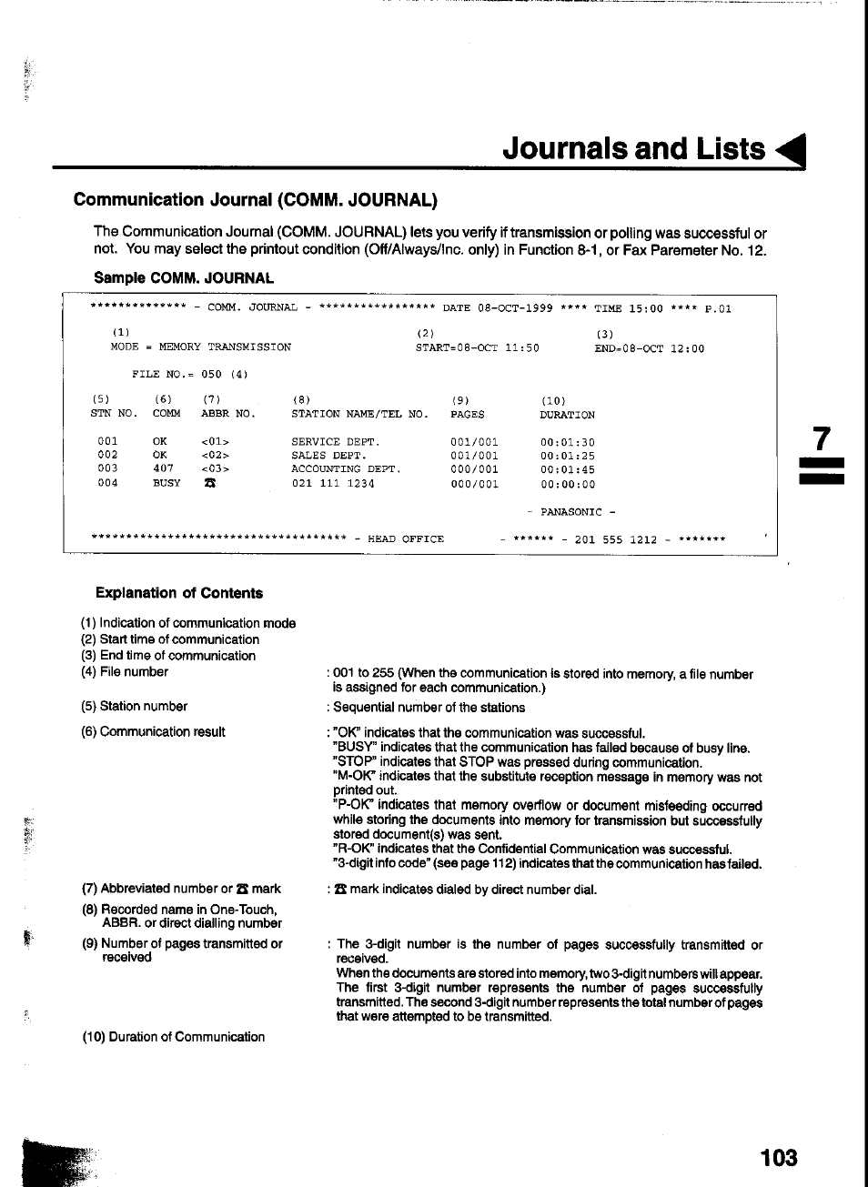 Sample comm. journal, Journals and lists, Communication journai (comm. journal) | Panasonic UF-333 User Manual | Page 105 / 140