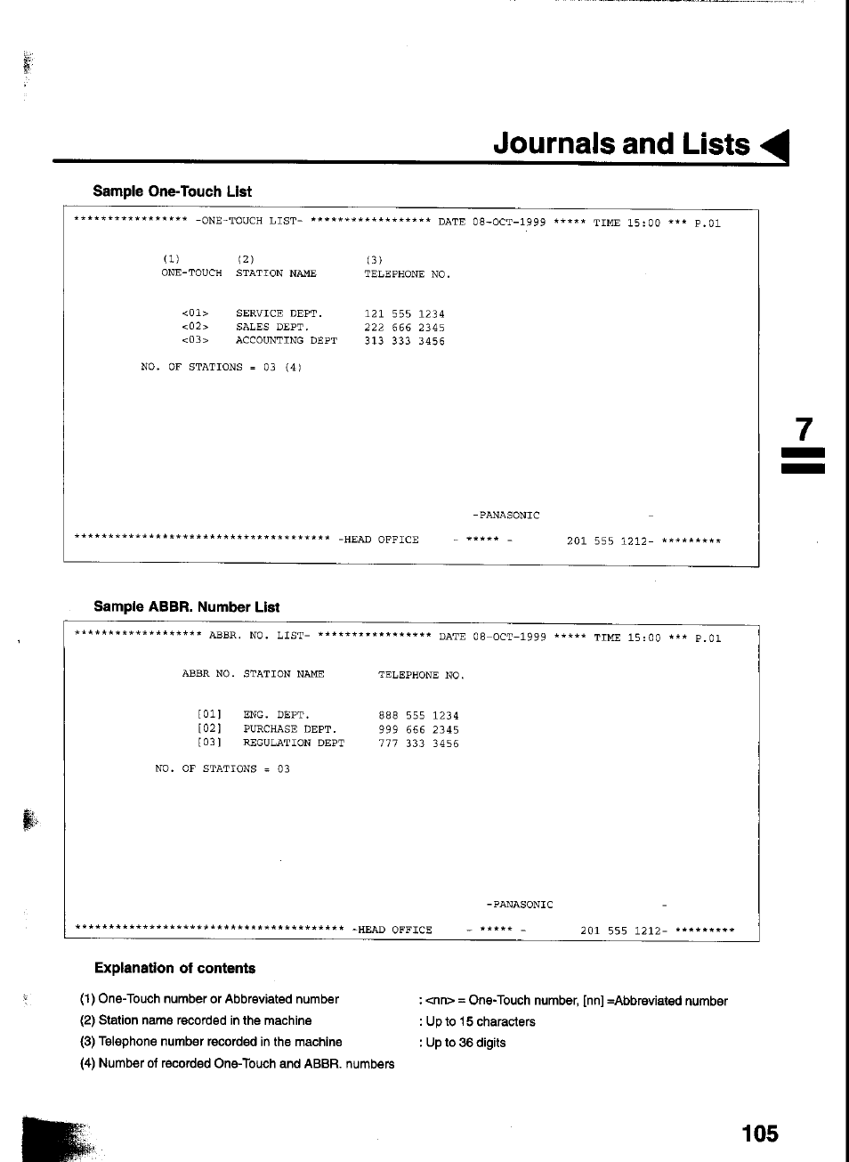 Sample one-touch list, Sample abbr. number list, Explanation of contents | Journals and lists | Panasonic UF-333 User Manual | Page 107 / 140