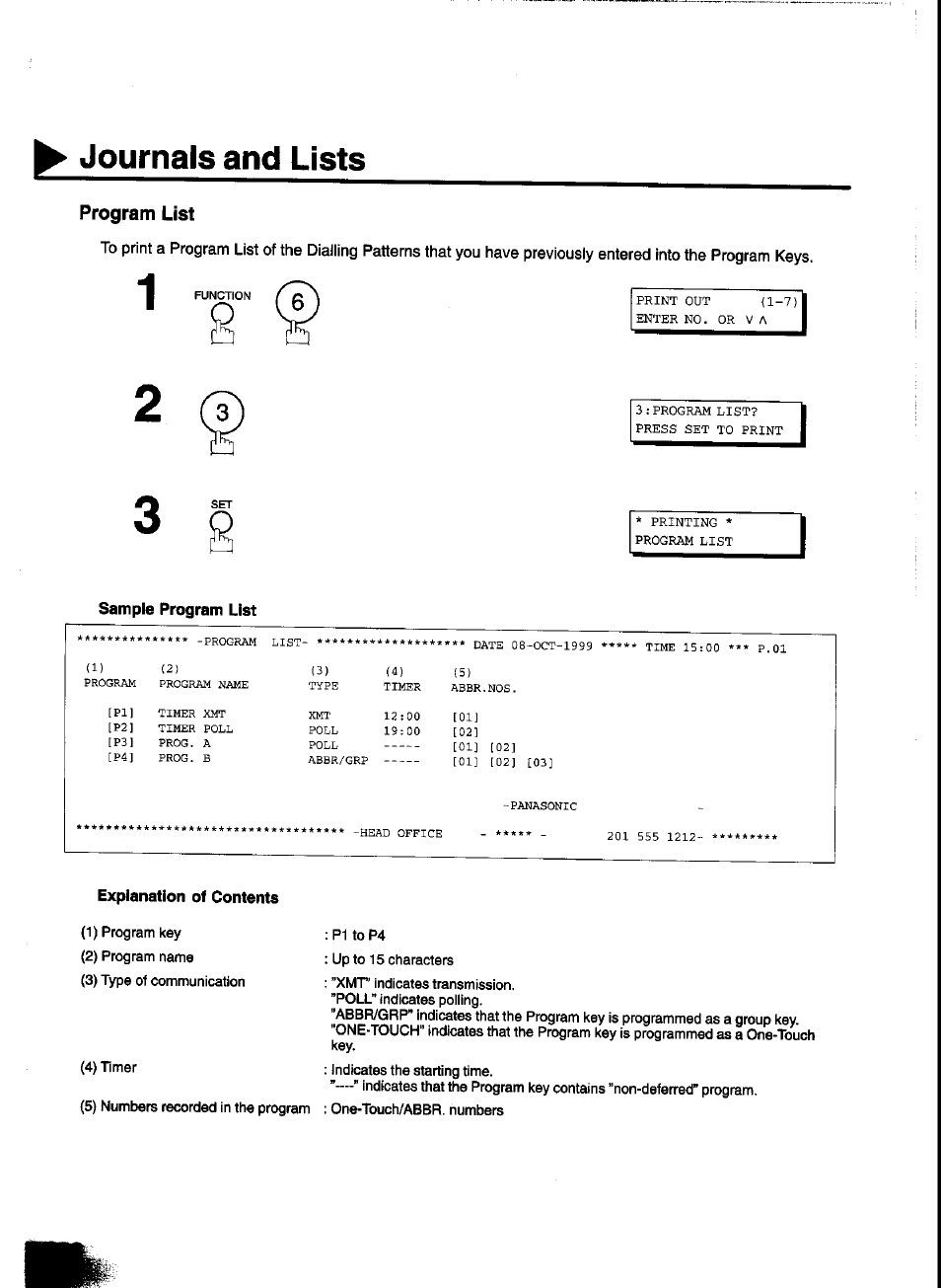 Sample program list, Journals and lists | Panasonic UF-333 User Manual | Page 108 / 140