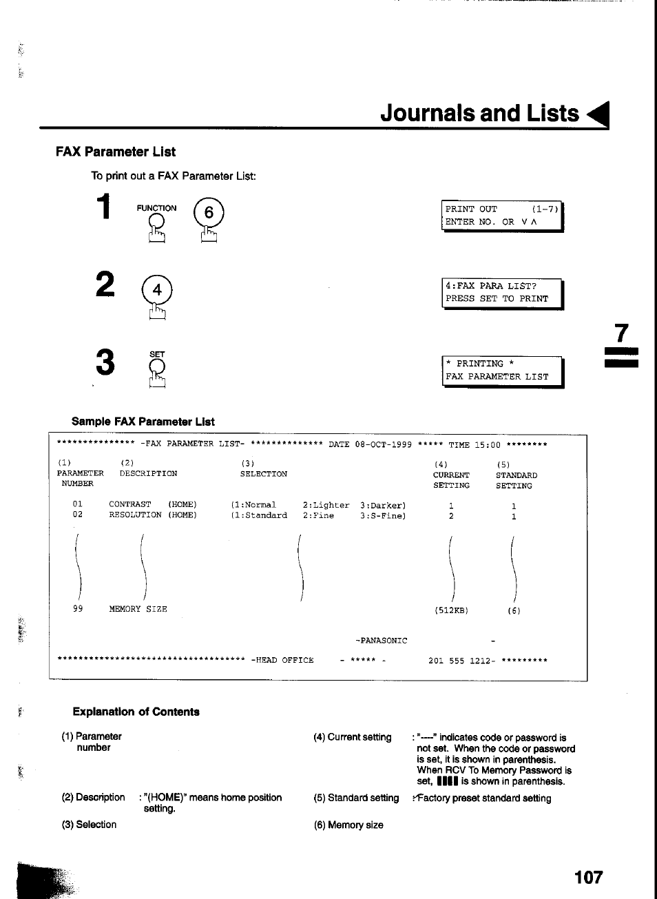 To print out a fax parameter list, Sample fax parameter list, Journals and lists | Fax parameter list | Panasonic UF-333 User Manual | Page 109 / 140