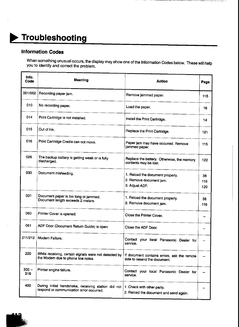 Troubleshooting, Information codes | Panasonic UF-333 User Manual | Page 114 / 140