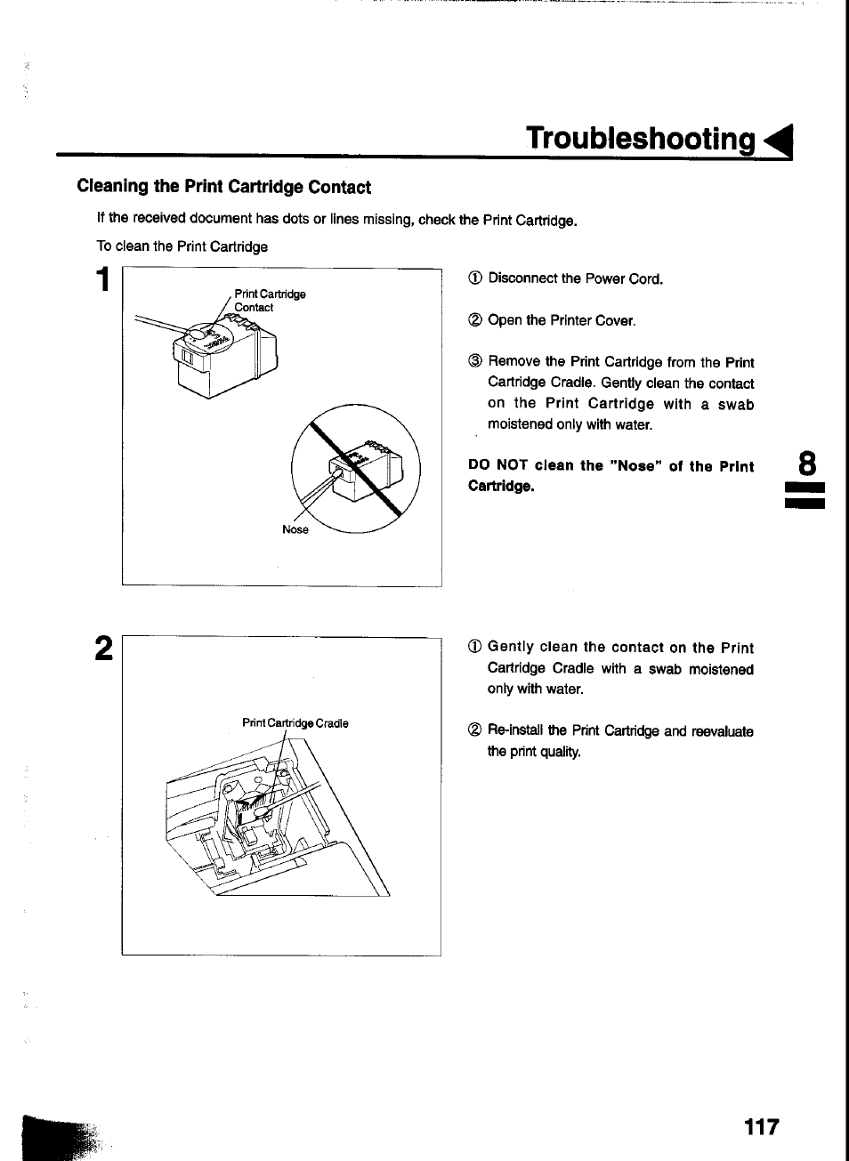 Do not clean the ’’nose” of the print cartridge, Troubleshooting | Panasonic UF-333 User Manual | Page 119 / 140
