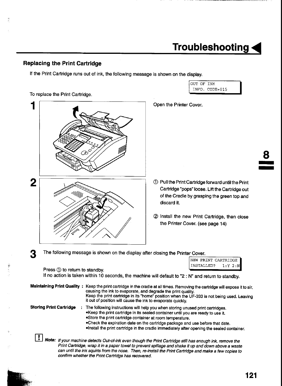 Troubleshooting, Replacing the print cartridge | Panasonic UF-333 User Manual | Page 123 / 140