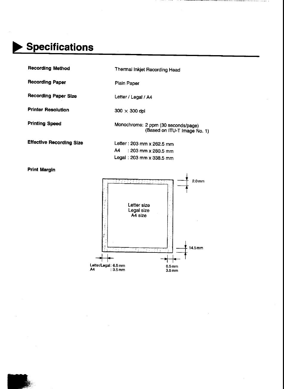 Recording paper, Printer resoiution, Printing speed | Effective recording size, Print margin, Specifications | Panasonic UF-333 User Manual | Page 128 / 140