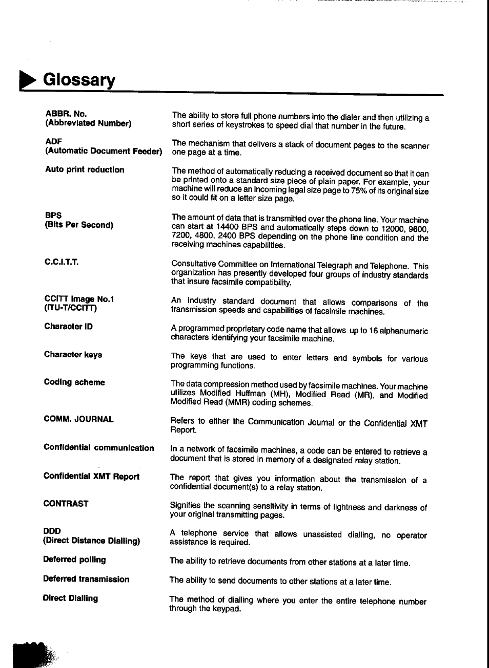 Abbr. no, C.c.i.t.t, Ccitt image no.1 (itu-t/ccitt) | Character id, Character keys coding scheme, Glossary | Panasonic UF-333 User Manual | Page 132 / 140