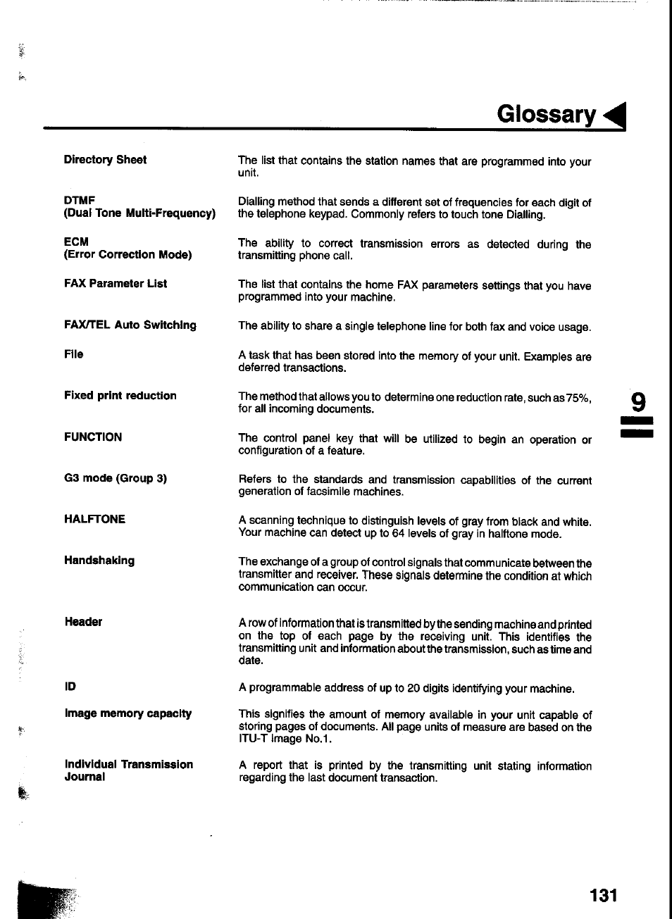 Directory sheet, Dtmf, Fax parameter list | Fax/tel auto switching file, Fixed print reduction, Function, G3 mode (group 3), Halftone, Handshaking, Image memory capacity | Panasonic UF-333 User Manual | Page 133 / 140