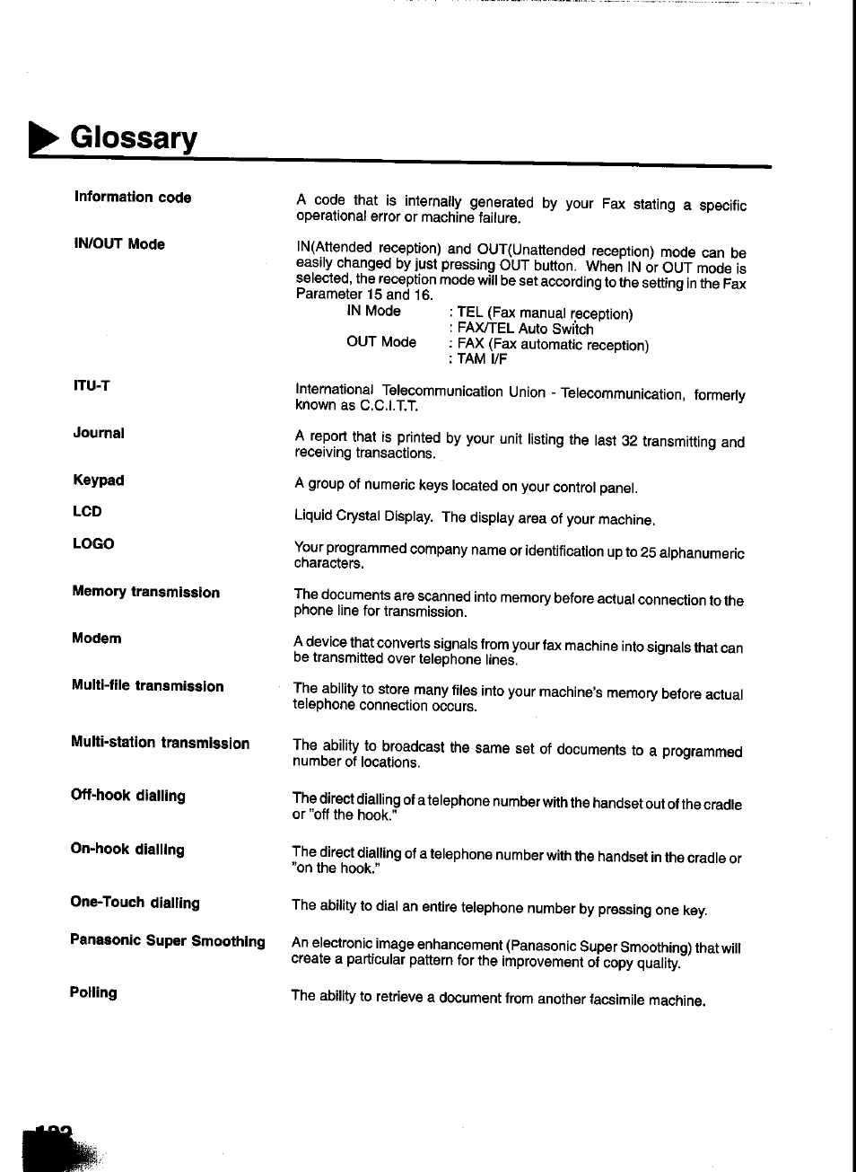 Information code in/out mode, Itu-t, Journal | Keypad, Logo, Memory transmission modem, Multi-file transmission, Off-hook dialling, On-hook dialling, One-touch dialling panasonic super smoothing | Panasonic UF-333 User Manual | Page 134 / 140