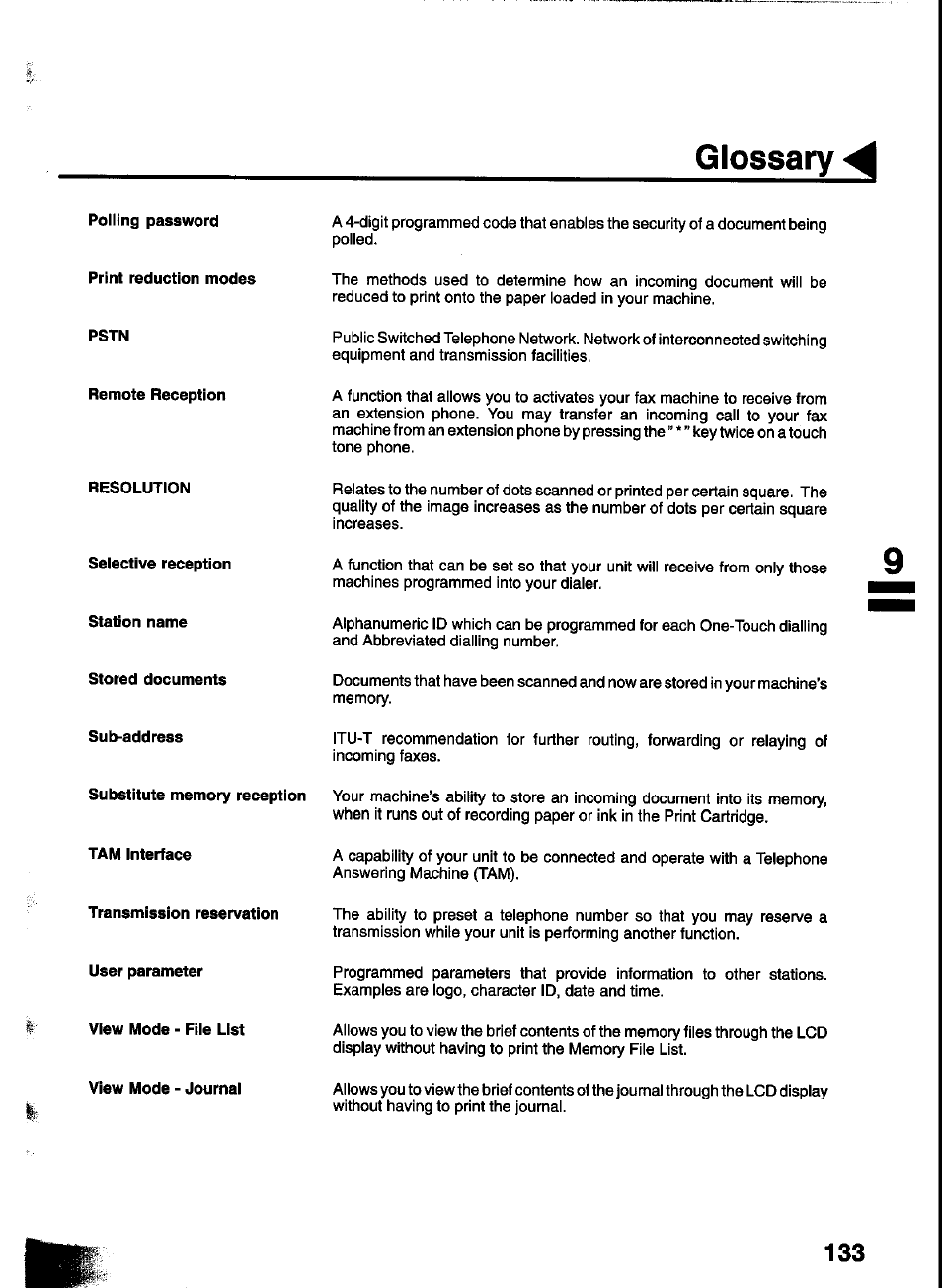 Polling password, Print reduction modes, Pstn | Remote reception, Resolution, Selective reception, Station name, Stored documents, Sub-address, Substitute memory reception | Panasonic UF-333 User Manual | Page 135 / 140