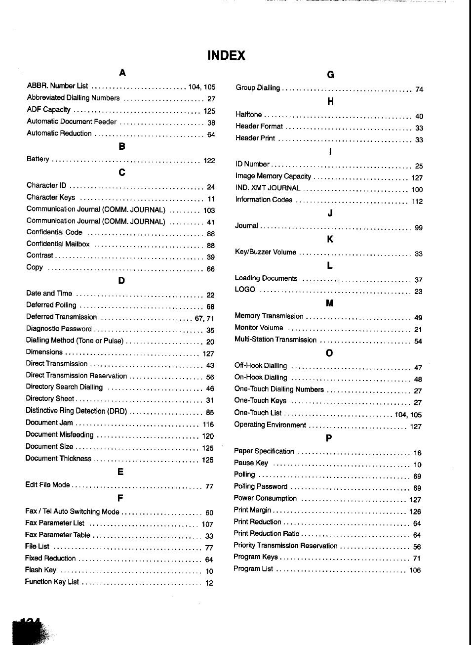 Index | Panasonic UF-333 User Manual | Page 136 / 140