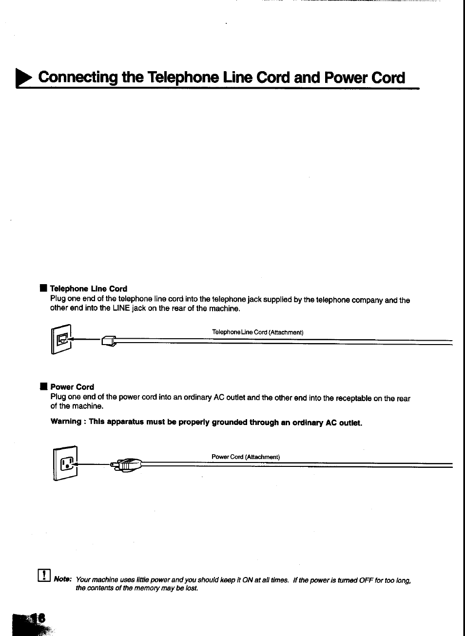 Telephone line cord, Power cord, Connecting the telephone line cord and power cord | Panasonic UF-333 User Manual | Page 20 / 140