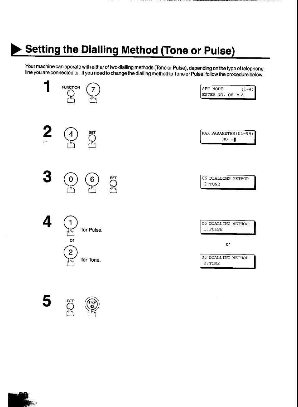 Setting the dialling method (tone or pulse) | Panasonic UF-333 User Manual | Page 22 / 140