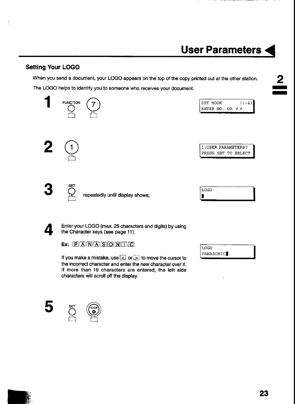 User parameters | Panasonic UF-333 User Manual | Page 25 / 140