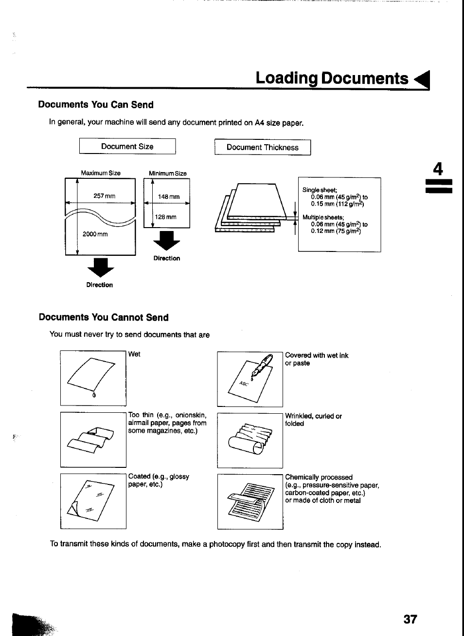 Loading documents, Documents you can send, Documents you cannot send | Panasonic UF-333 User Manual | Page 39 / 140