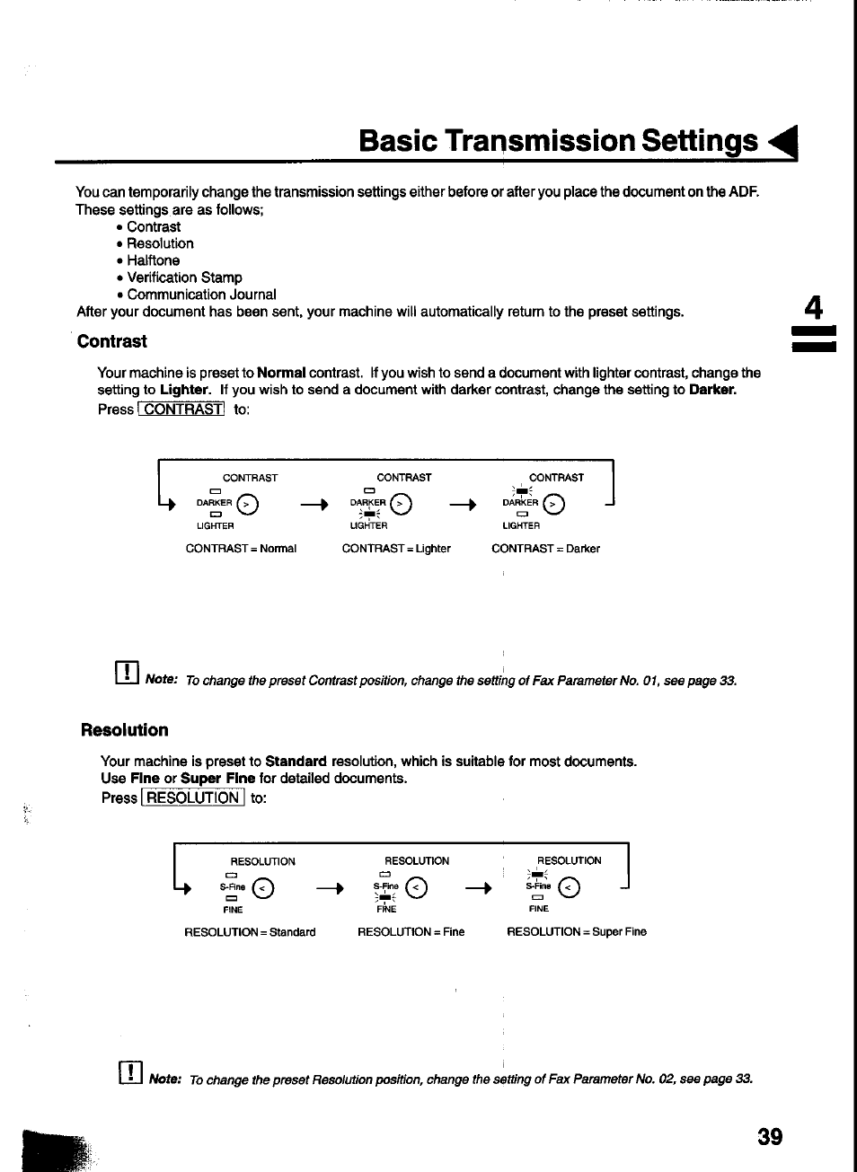 Basic transmission settings, Contrast, Resolution | Panasonic UF-333 User Manual | Page 41 / 140