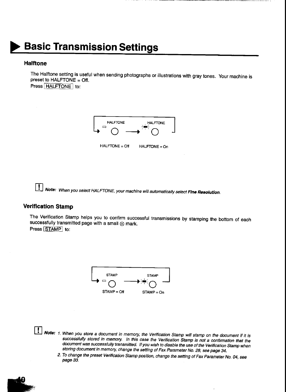 Basic transmission settings, Halftone, Verification stamp | Panasonic UF-333 User Manual | Page 42 / 140