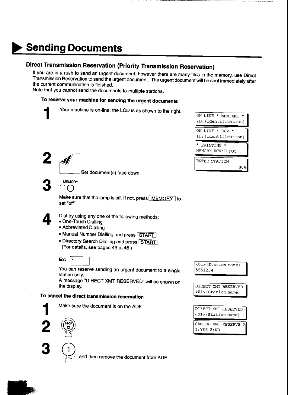 To cancel the direct transmission reservation, Sending documents | Panasonic UF-333 User Manual | Page 58 / 140