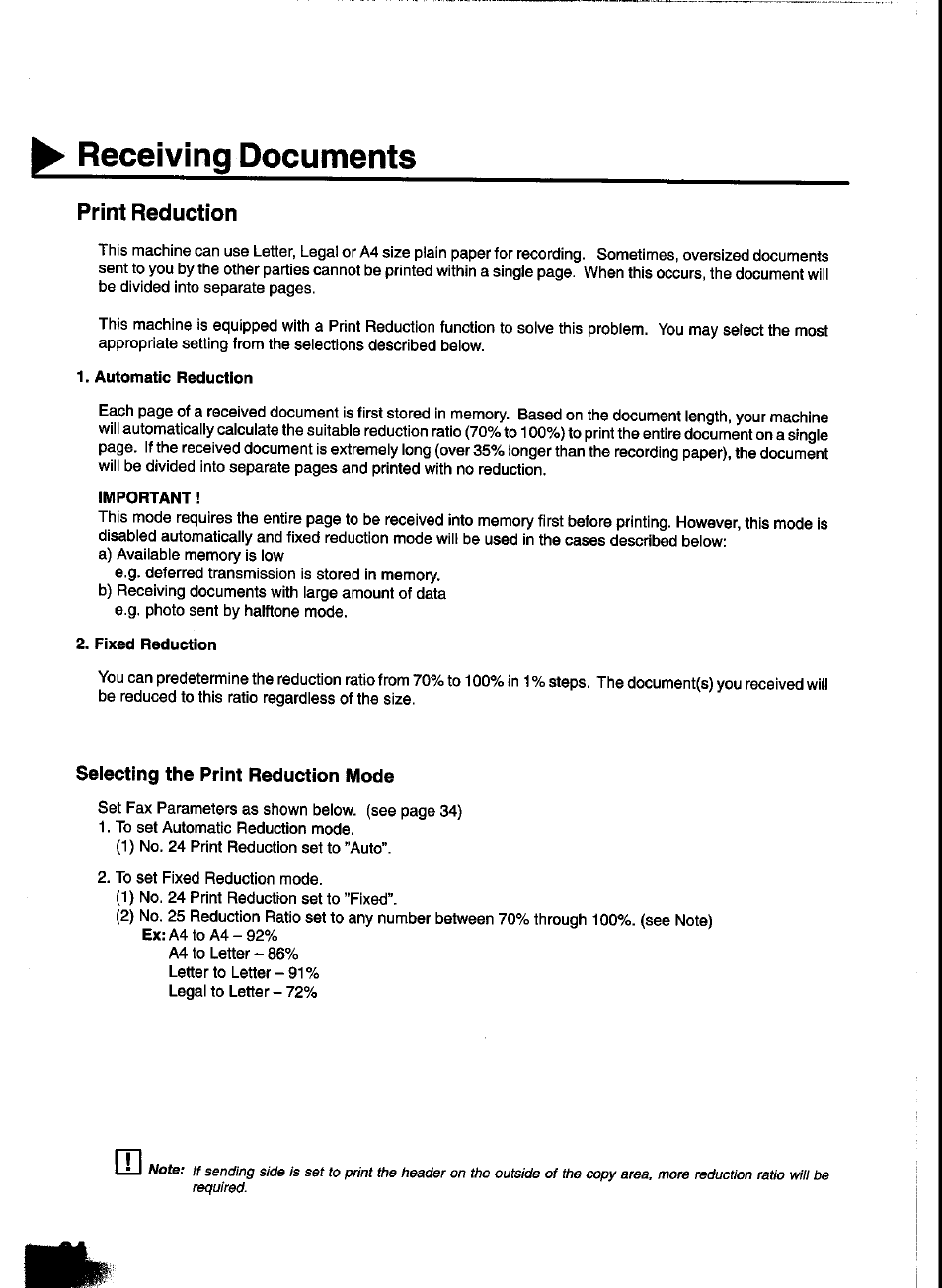 Automatic reduction, Important, Fixed reduction | Receiving documents, Print reduction, Selecting the print reduction mode | Panasonic UF-333 User Manual | Page 66 / 140