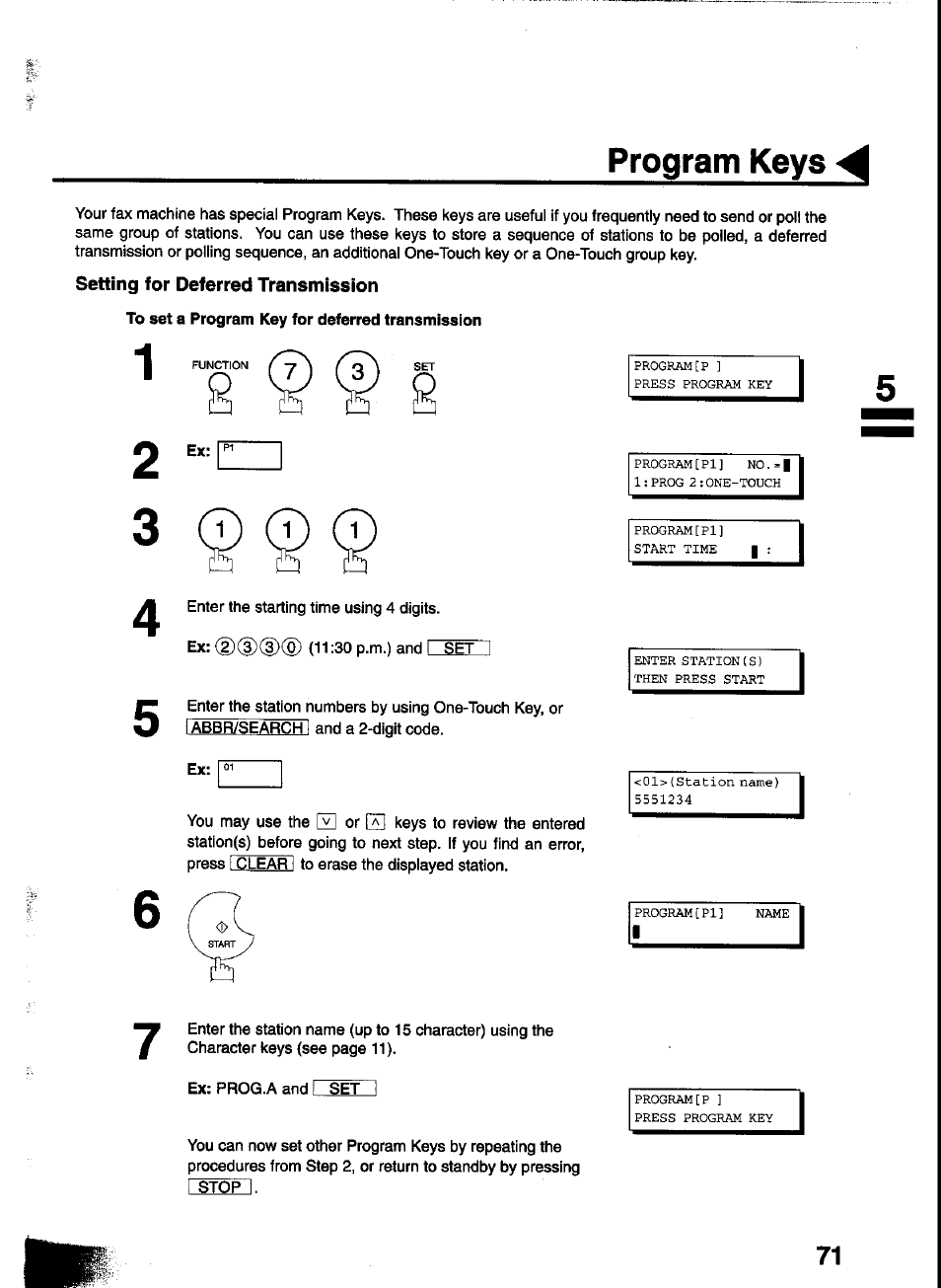 To set a program key for deferred transmission, Program keys | Panasonic UF-333 User Manual | Page 73 / 140